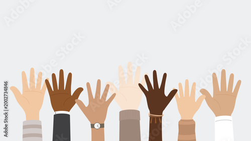 Photos Flat design illustration of people with different skin colors raising their hands