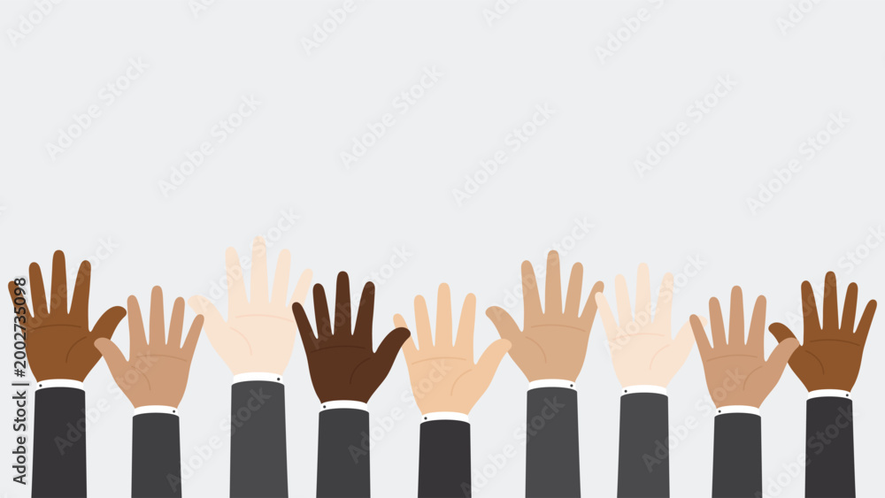 Fototapeta premium Flat design illustration of businessmen hand in suit raising their hands. Business concept.