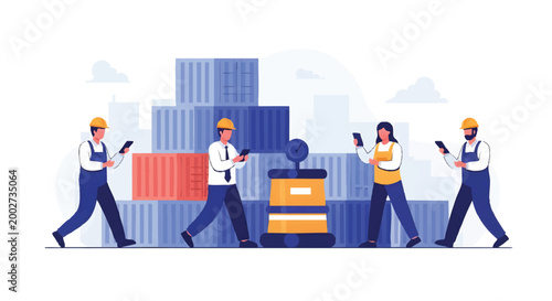 Smart Logistics and Warehouse Management Illustration with Workers and Shipping Containers