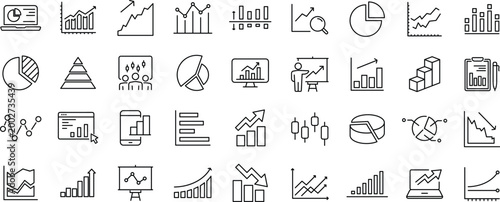 Graphs and Graphs set of web icons. Editable stoke. Charts and diagram icons for web and mobile app. Business infographic, charts, statistics, growth, growing bar graph and more. 