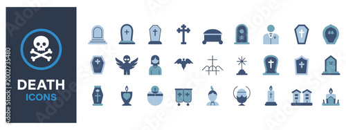 Death icons present skulls and memorial symbols in outline style