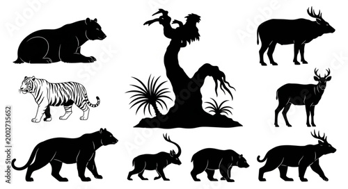 Black silhouettes of various wild animals.
