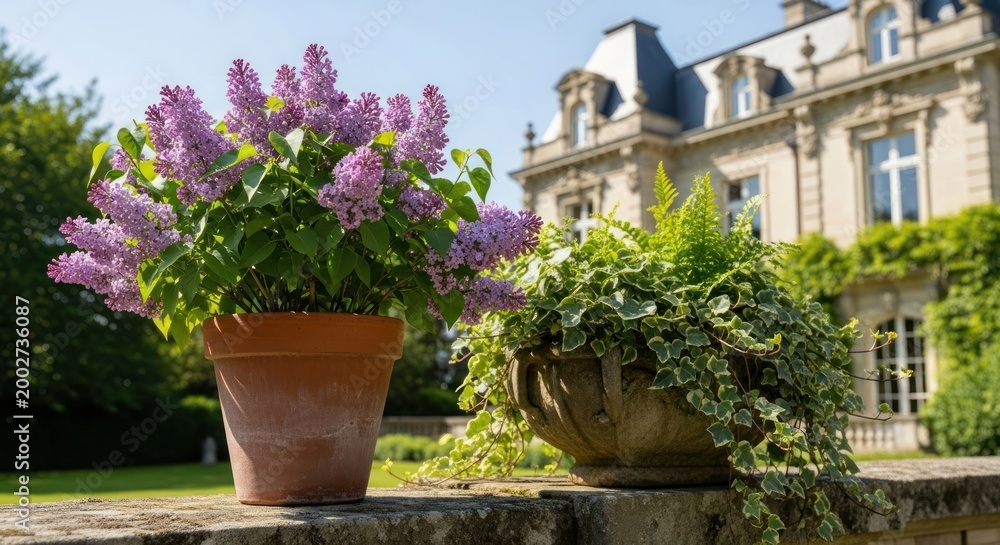 Fototapeta premium potted flowers in front of luxury house