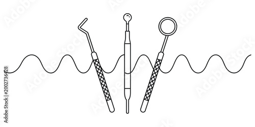 Minimalist dental tools line art illustration with wavy line