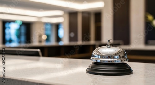Polished silver bell on a marble countertop in a modern reception area