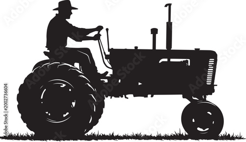 A farmer operates a powerful red tractor and agricultural machinery in a green field to manage the farm industry with heavy engine equipment