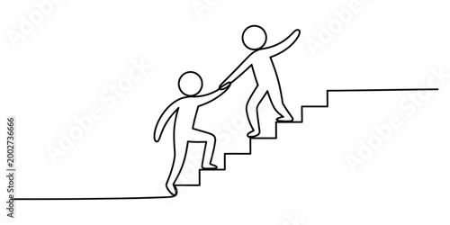 Continuous line drawing of person helping another climb stairs