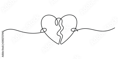 Broken heart one line drawing, continuous line art