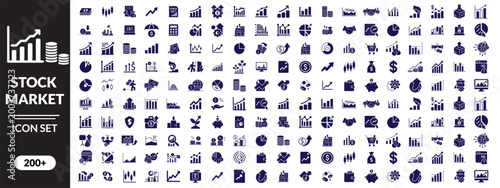 Stock market icon set. Containing stocks, stock exchange, financial goal, shares, investment, bull market, bear market and investment icons. Solid icon collection.