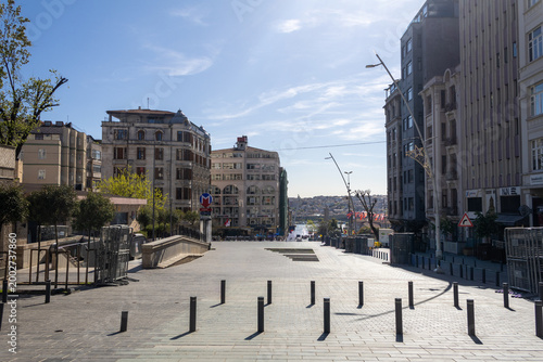 Istanbul Şişhane Square Empty Pedestrian Plaza with Historic Buildings and Bosphorus View, Turkey