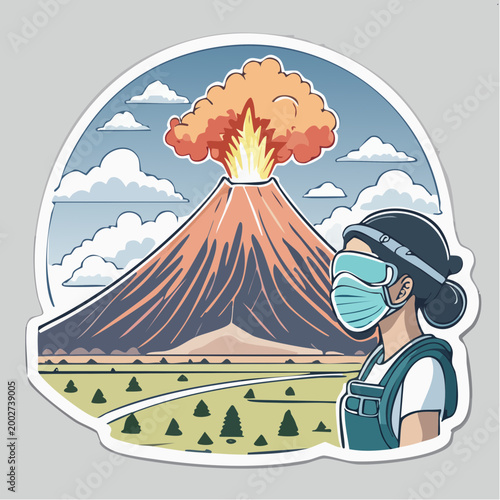 Volcano Eruption with Person Wearing Protective Gear
