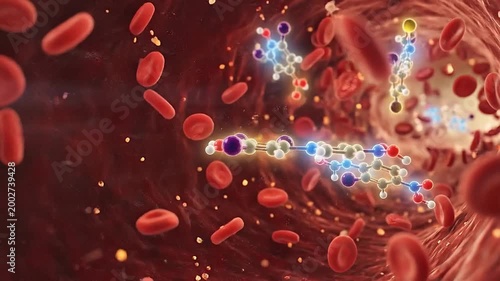 Thyroid hormone t3 and t4 molecules circulate blood vessels representing endocrine health with detailed blood test concept showing molecular structure and red blood cells supporting thyroid function