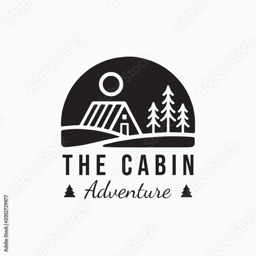 Simple cabin design under a sunlit dome. Conifer trees stand tall nearby. Clean lines, bold shapes, minimalism. Ideal for outdoor adventure or retreat branding. Cabin invites calm, nature