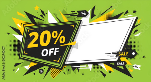 A vibrant comic-style illustration of a discount sale advertisement with a green background and a white rectangular coupon.