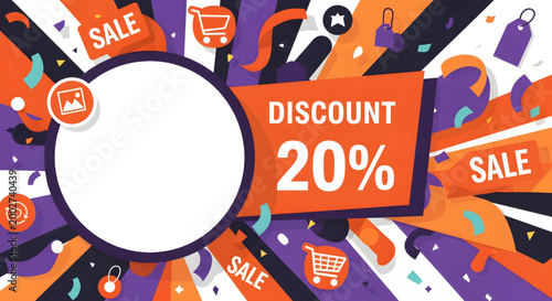 Vibrant Discount Sale Advertisement with Abstract Icons and Shopping Elements