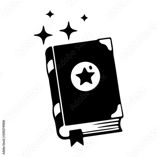 Minimalist magic grimoire book icon with stars illustration