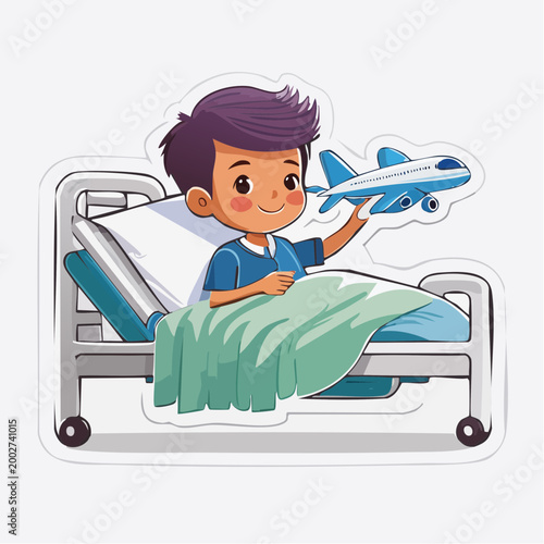 Boy in Hospital Bed Playing with Toy Airplane