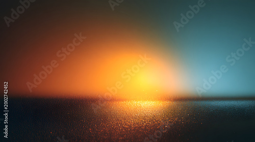 Warm tungsten light gradient cinematic film look empty ea bcc sunset glow textured surface with cinematic warm tungsten light gradient and cool blue background creating reflective golden highlight