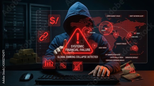 Cyber attack alert systemic financial failure threatens global banking security dark digital environment close-up view