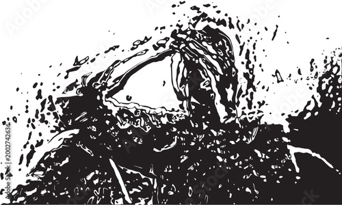 Abstract black and white grunge background featuring a vector illustration of a woman silhouette with ink splashes, paint splatters, and a pretty floral pattern texture