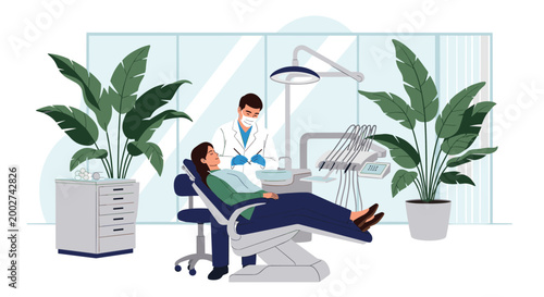 Professional dentist wearing a mask and gloves treats a female patient in a modern dental clinic with large plants.