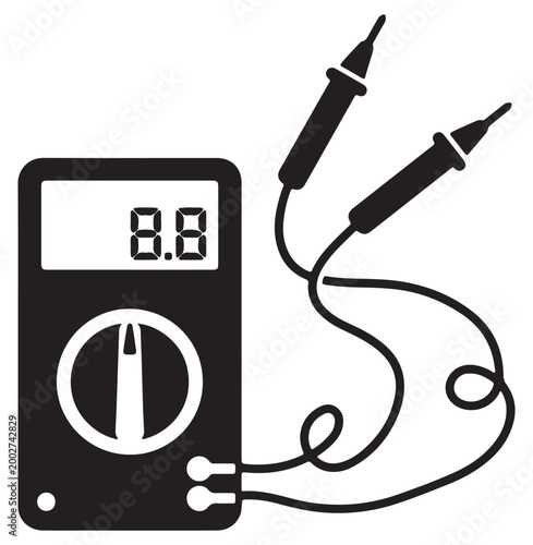 Digital multimeter vector icon, electrical tester with probes and LCD display, black and white voltmeter silhouette for engineering and repair