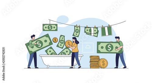 Three people work together to wash large dollar bills in a bathtub and hang them on a line to dry.