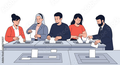 Diverse group of citizens stands in line to cast their paper ballots into voting boxes during a government election.