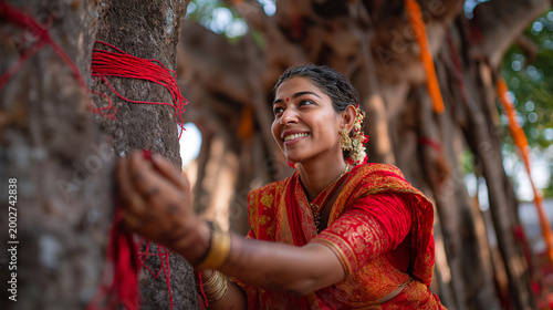 Woman Wrapping Sacred Red Thread on Banyan Tree During Vat Savitri Vrat Ritual.