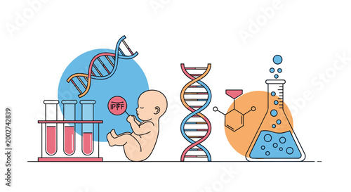 Scientific illustration features laboratory equipment, DNA strands, and a human fetus to represent medical research and genetics.