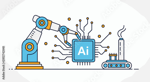 Industrial robotic arm precision engineering and assembling advanced artificial intelligence microchips in a modern automated factory.