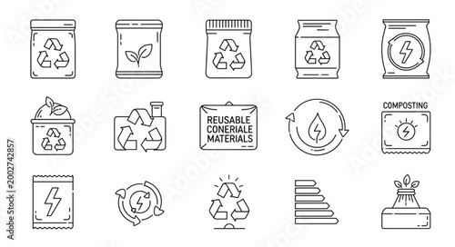 Collection of hand-drawn icons representing renewable energy and recycling concepts.