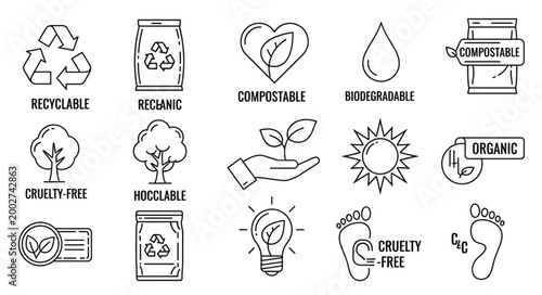 Set of eco friendly and organic product icons and symbols.