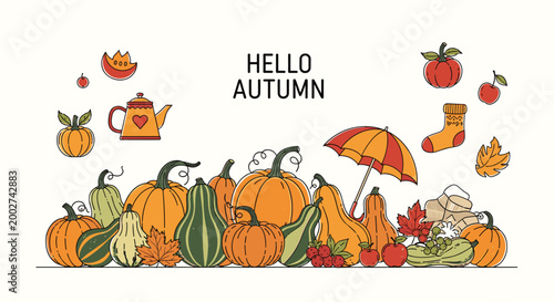 Decorative hello autumn collection featuring various orange pumpkins, green gourds, colorful falling leaves, an umbrella, and warm seasonal items.