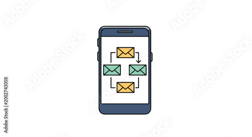 Smartphone screen displaying a continuous loop of email icons for digital communication, networking, and message synchronization.