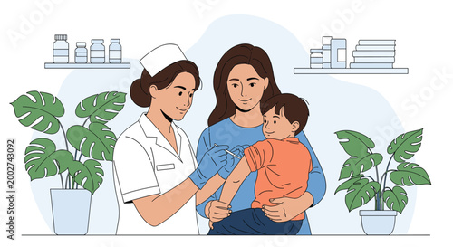 Professional nurse in a white uniform carefully vaccinating a young boy who is being comforted and held by his mother in a clinic.
