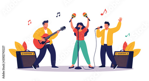 Energetic music band consisting of guitar player and two singers performing live on stage with speakers and musical notes.