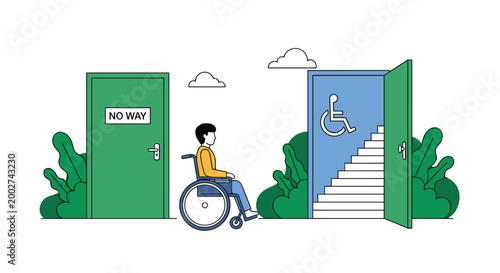 Man in wheelchair facing accessibility challenge with stairs behind door highlighting barriers for disabled people in public spaces.