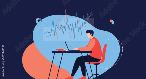 Data analyst working on laptop with complex financial market graphs and charts reflecting advanced business analytics and research.