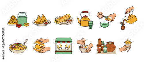 Indian Street Food Icons Set, Traditional Snacks and Drinks Collection, Hand Drawn Style Illustrations for Menu Design, Cuisine and Culinary Concept Vector Set representing Authentic South Asian Cultu