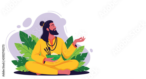 Peaceful monk or spiritual practitioner in yellow robe meditating while holding food bowl against lush tropical leaf background.