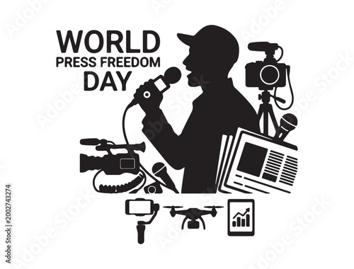 World Press Freedom Day vector illustration, journalist silhouette with microphone and camera equipment, media broadcasting and news reporting concept