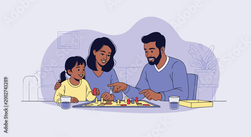 Happy family with father mother and young daughter playing board game together at home for fun and bonding time.