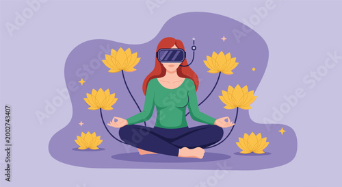 Woman practicing mindfulness meditation using virtual reality headset surrounded by floating yellow lotus flowers in calm space.