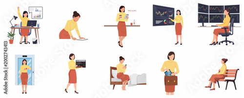 Flat vector illustration of a businesswoman set in various professional poses and situations including presentations and data analysis