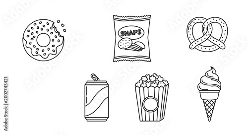 Tasty snack food and dessert icons.