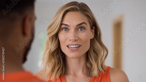 Caucasian woman in orange shirt expresses surprise, then curiosity, and finally frustration while interacting with a man in a casual setting with neutral background elements