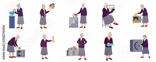 Collection of senior woman characters in various shopping and financial situations such as banking at ATM and buying groceries