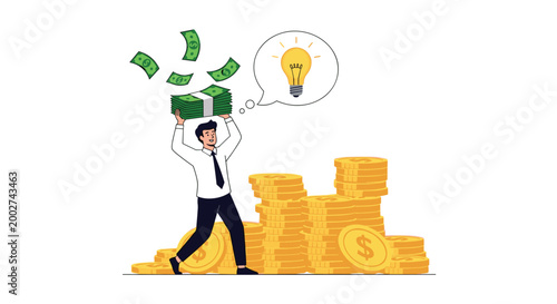 Successful businessman standing near huge pile of gold coins while having creative business idea for making money and profit.