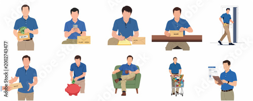 Personal Finance and Salary Management Illustration Set with Man Earning, Saving, and Spending Money